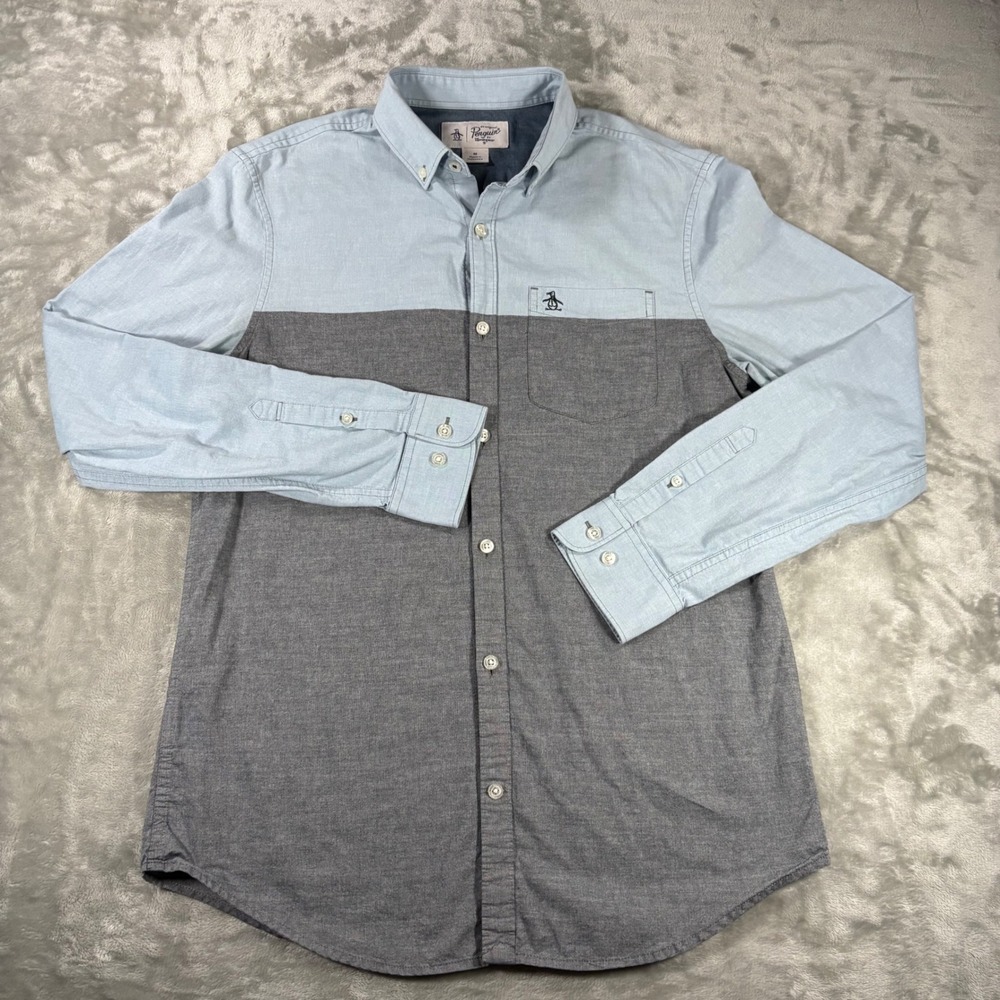 Original Penguin Mens Colorblock Chambray Button Down Shirt Blue Gray Medium